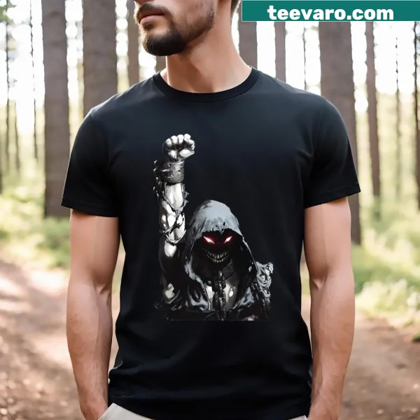 T-shirt featuring a bold graphic of a manacle with thought-provoking typography
