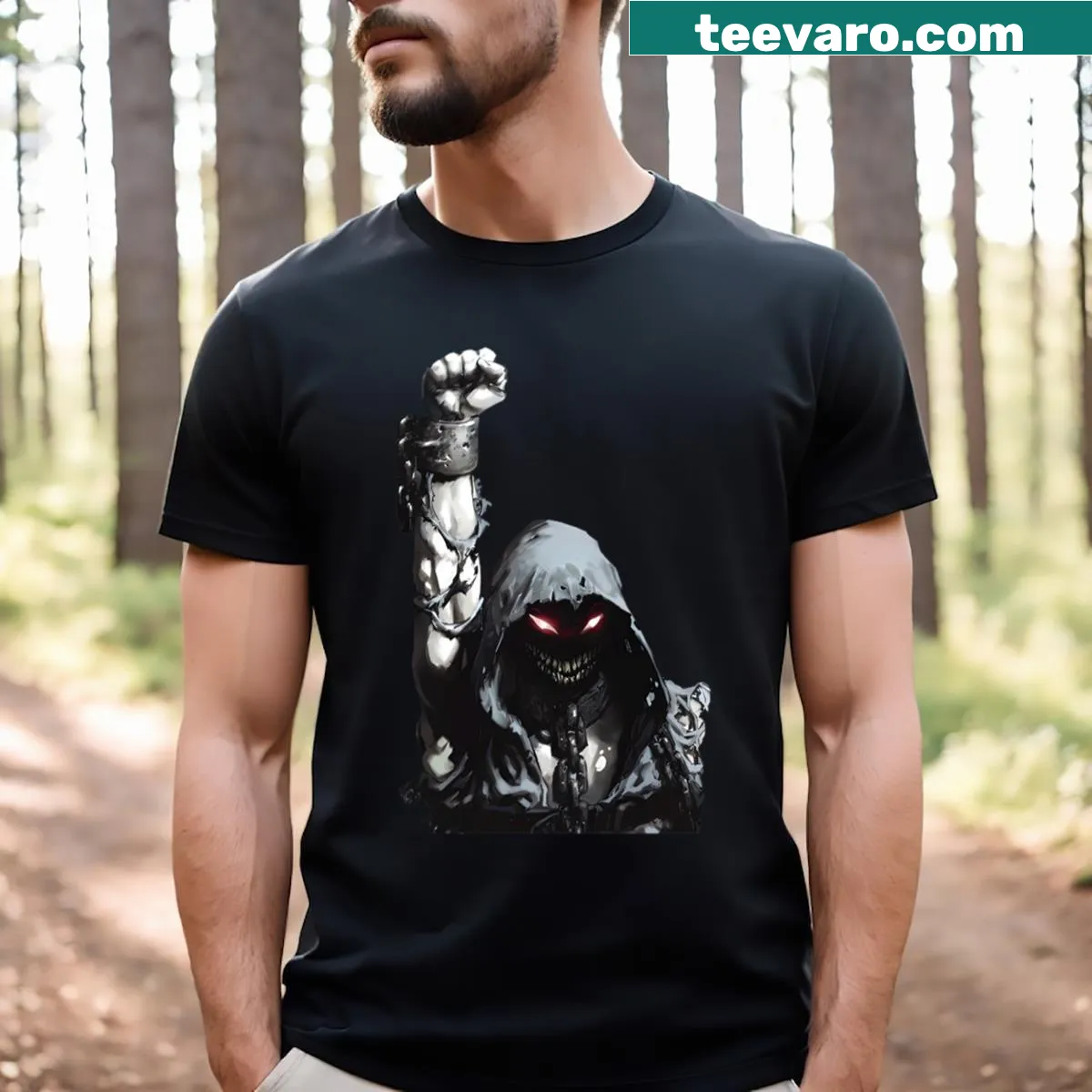 T-shirt featuring a bold graphic of a manacle with thought-provoking typography — on a men's t-shirt