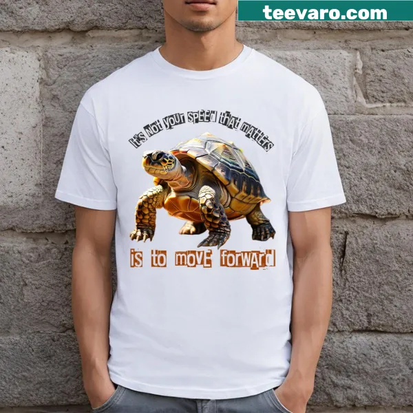 Illustration of a turtle with 'Progress Over Speed' text on T-shirt
