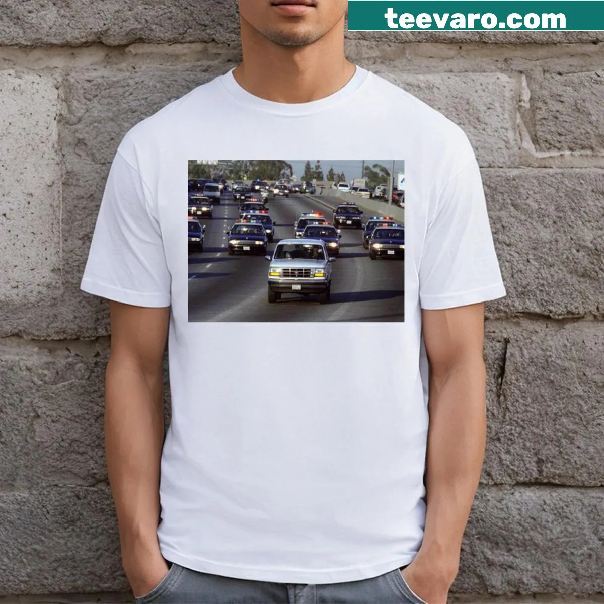 Playful T-shirt illustrating the Oj police chase theme — on a men's t-shirt