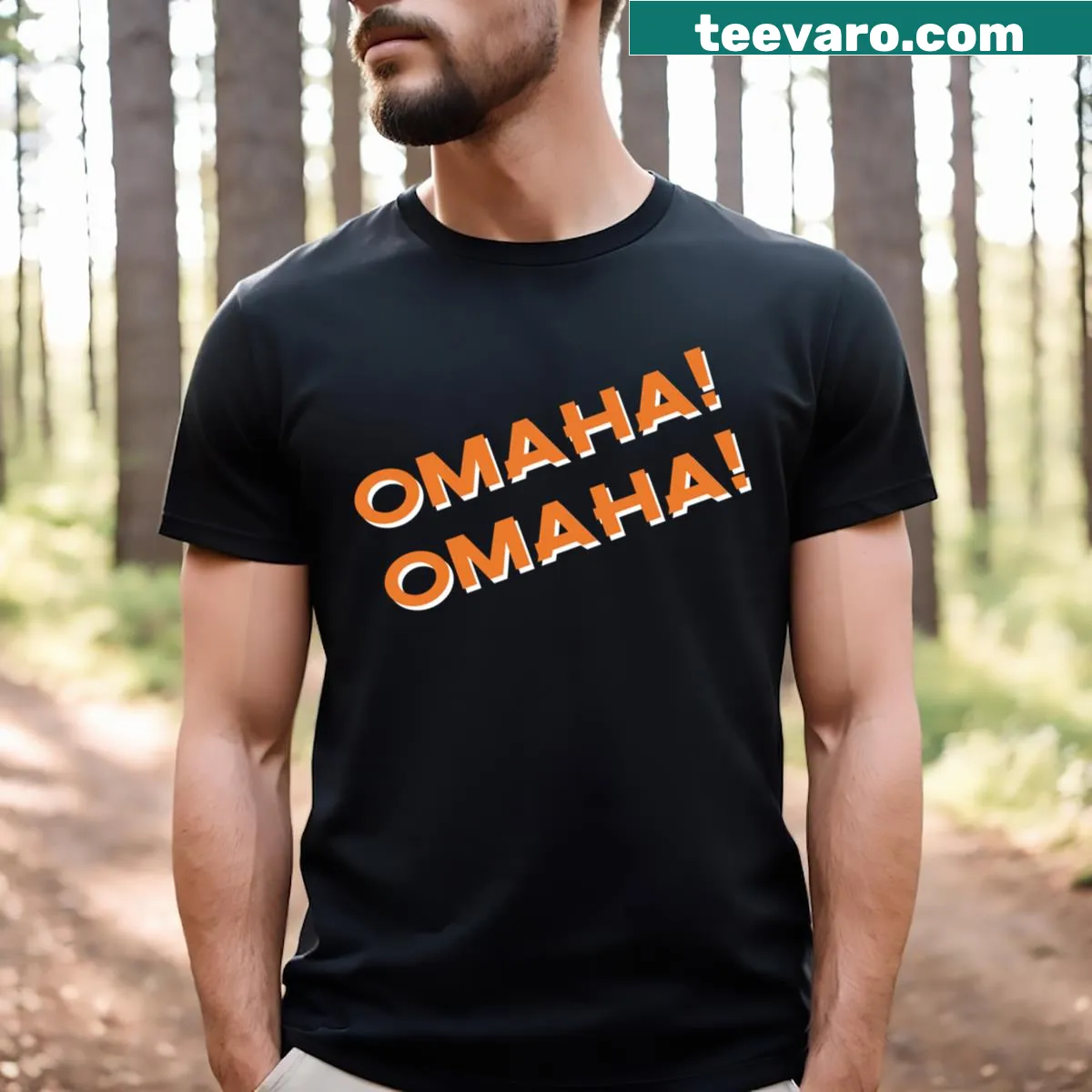 Omaha! T-shirt featuring the city name in bold typography — on a men's t-shirt