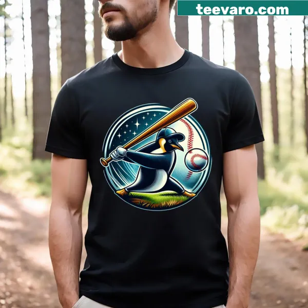 Playful cartoon T-shirt featuring penguins playing baseball