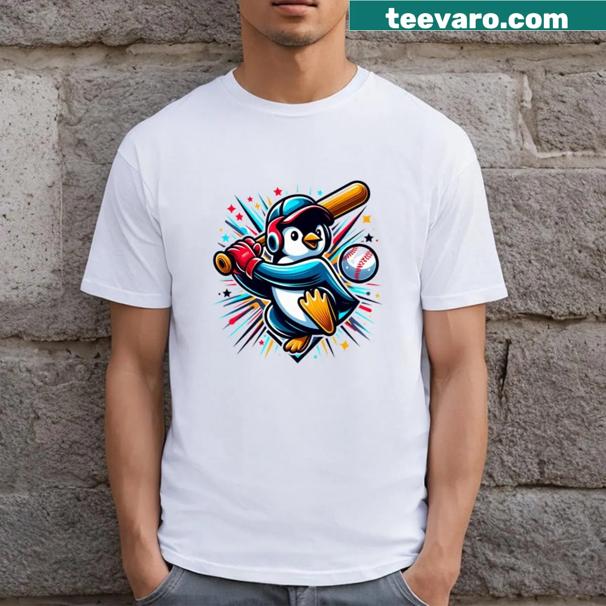 Cartoon penguins playing baseball on a fun t-shirt — on a men's t-shirt