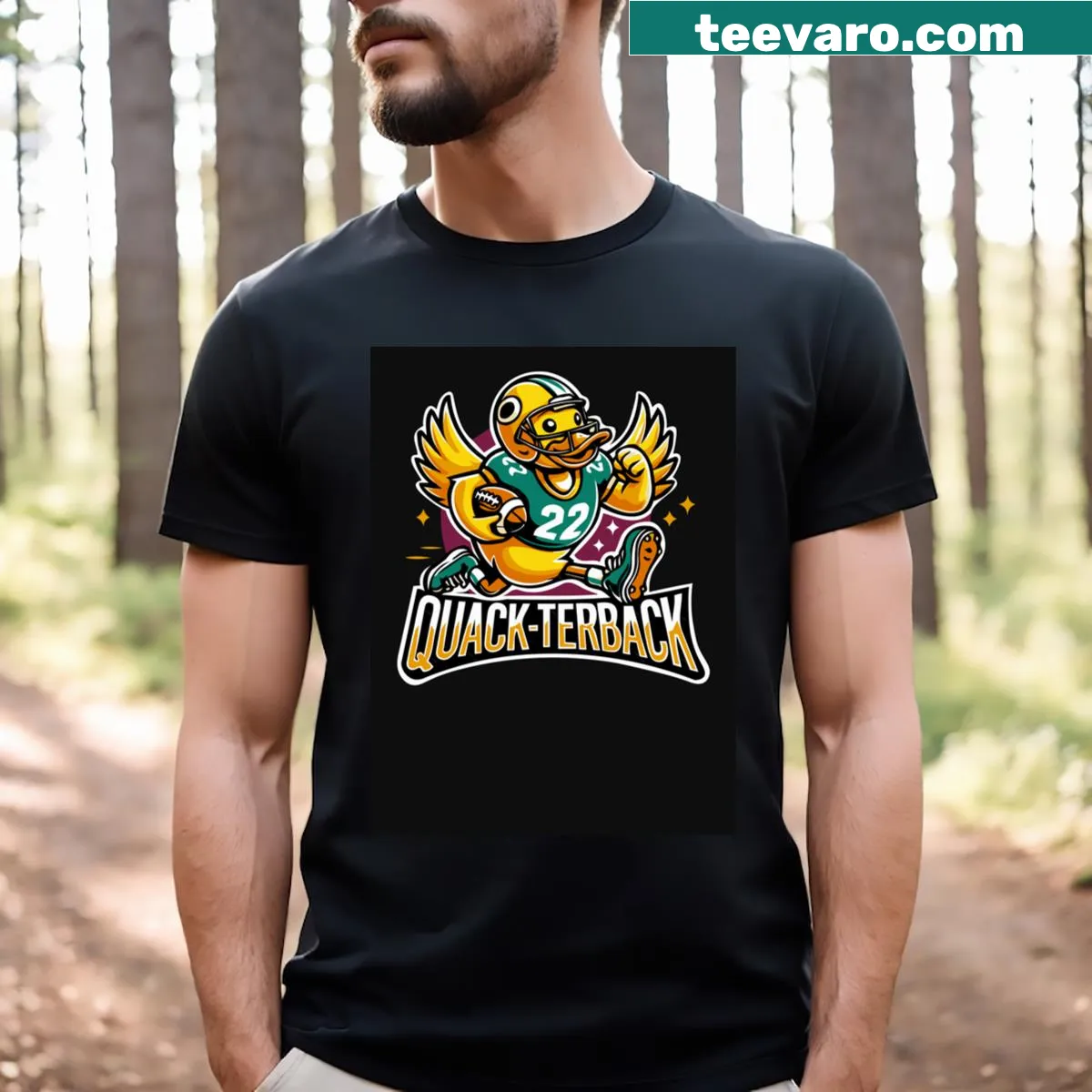 T-shirt featuring the word 'Quarterback' in bold lettering — on a men's t-shirt