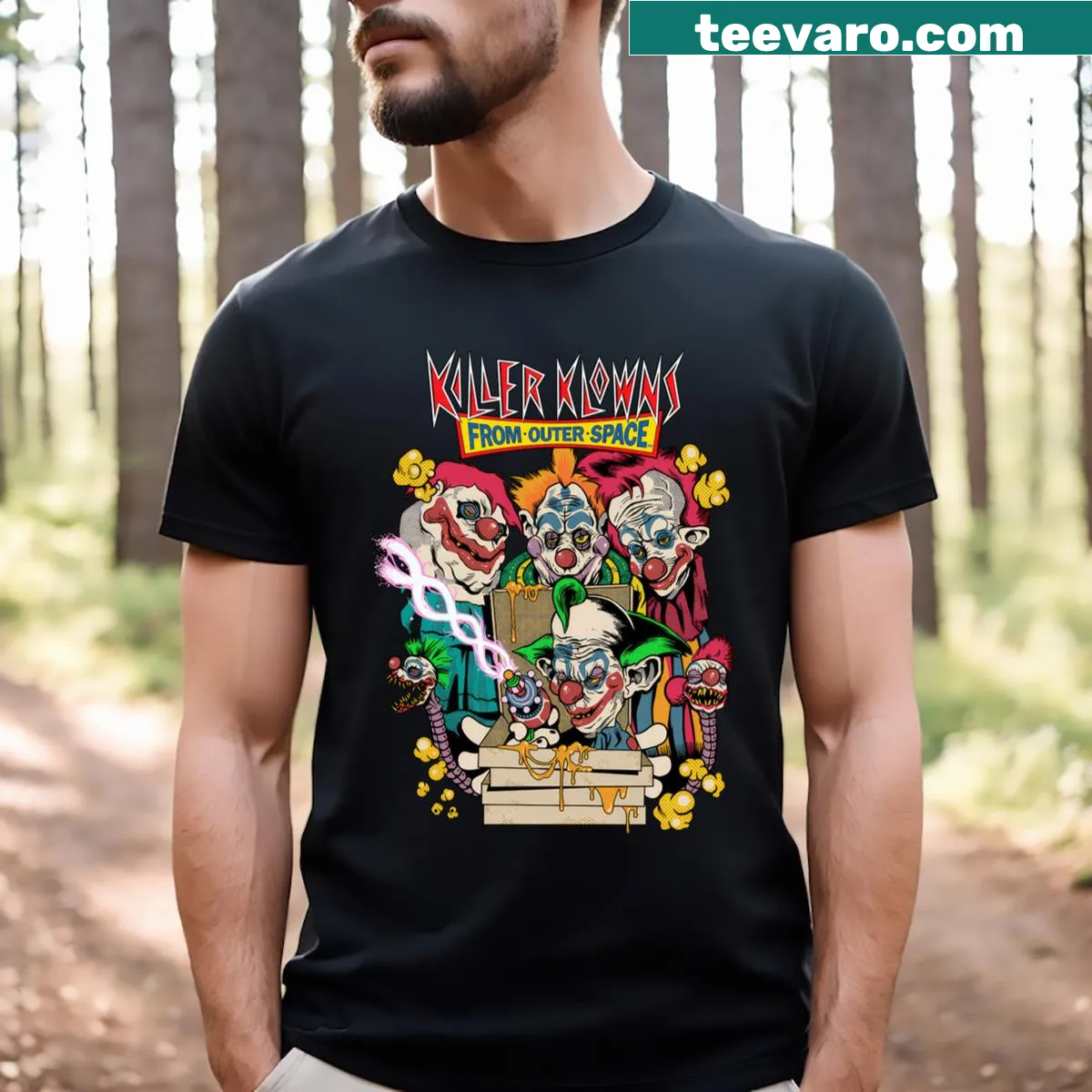 Vintage-style T-shirt featuring the graphic of Killer Klowns from 90s horror — on a men's t-shirt