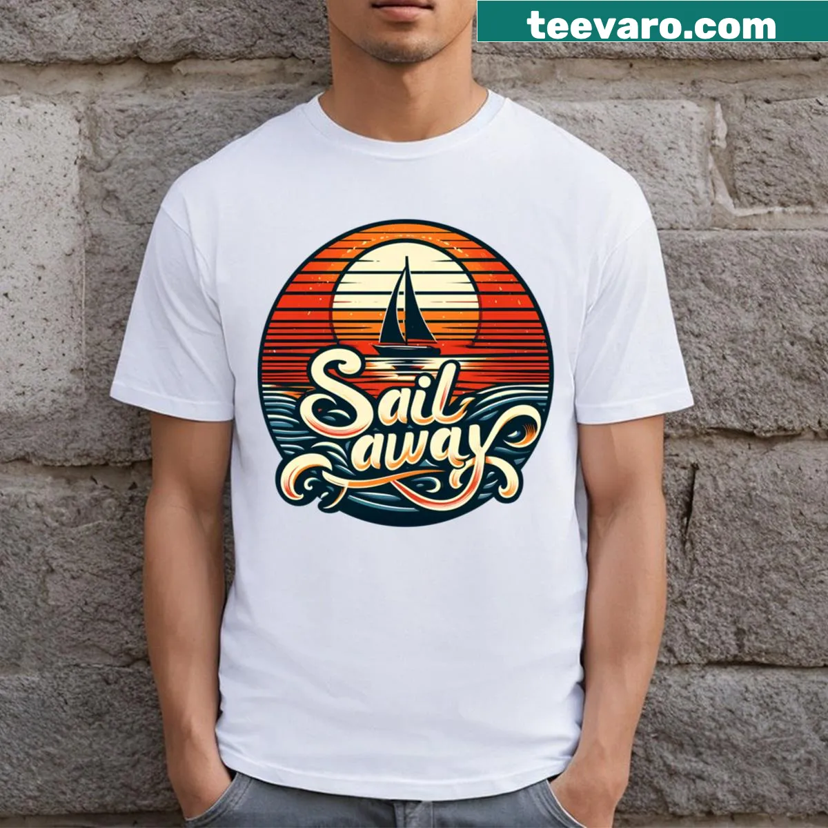 Typography graphic saying Sail Away on a T-shirt — on a men's t-shirt