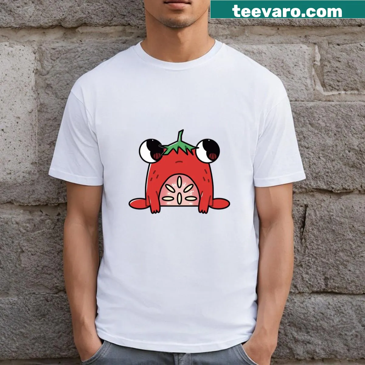 Illustrated Strawberry Frog T-shirt with cute design — on a men's t-shirt