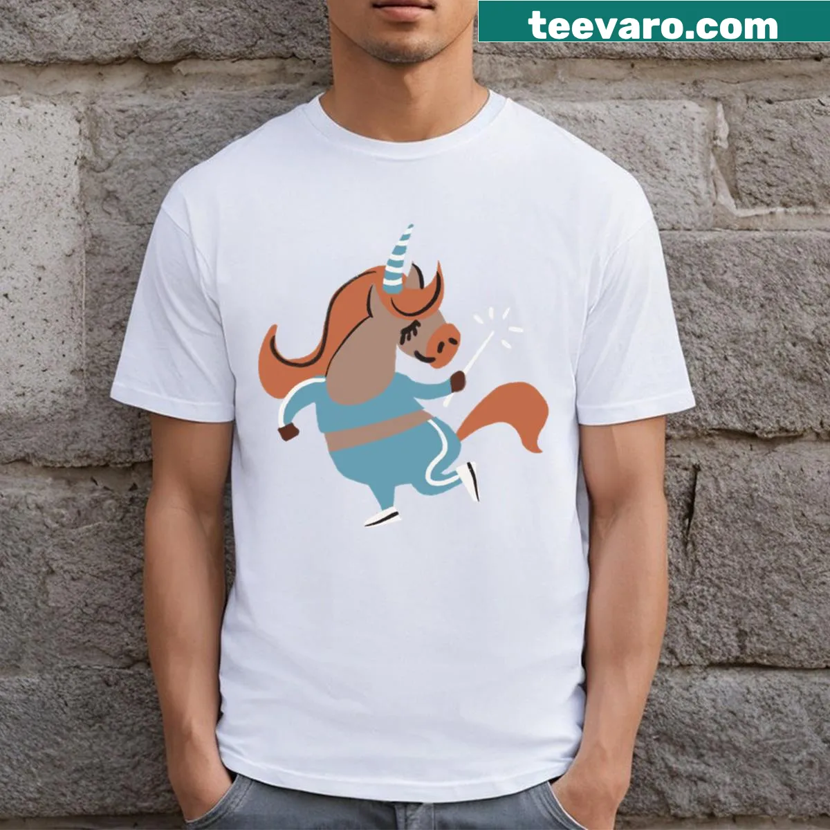 Cartoon unicorn design on a playful T-shirt — on a men's t-shirt