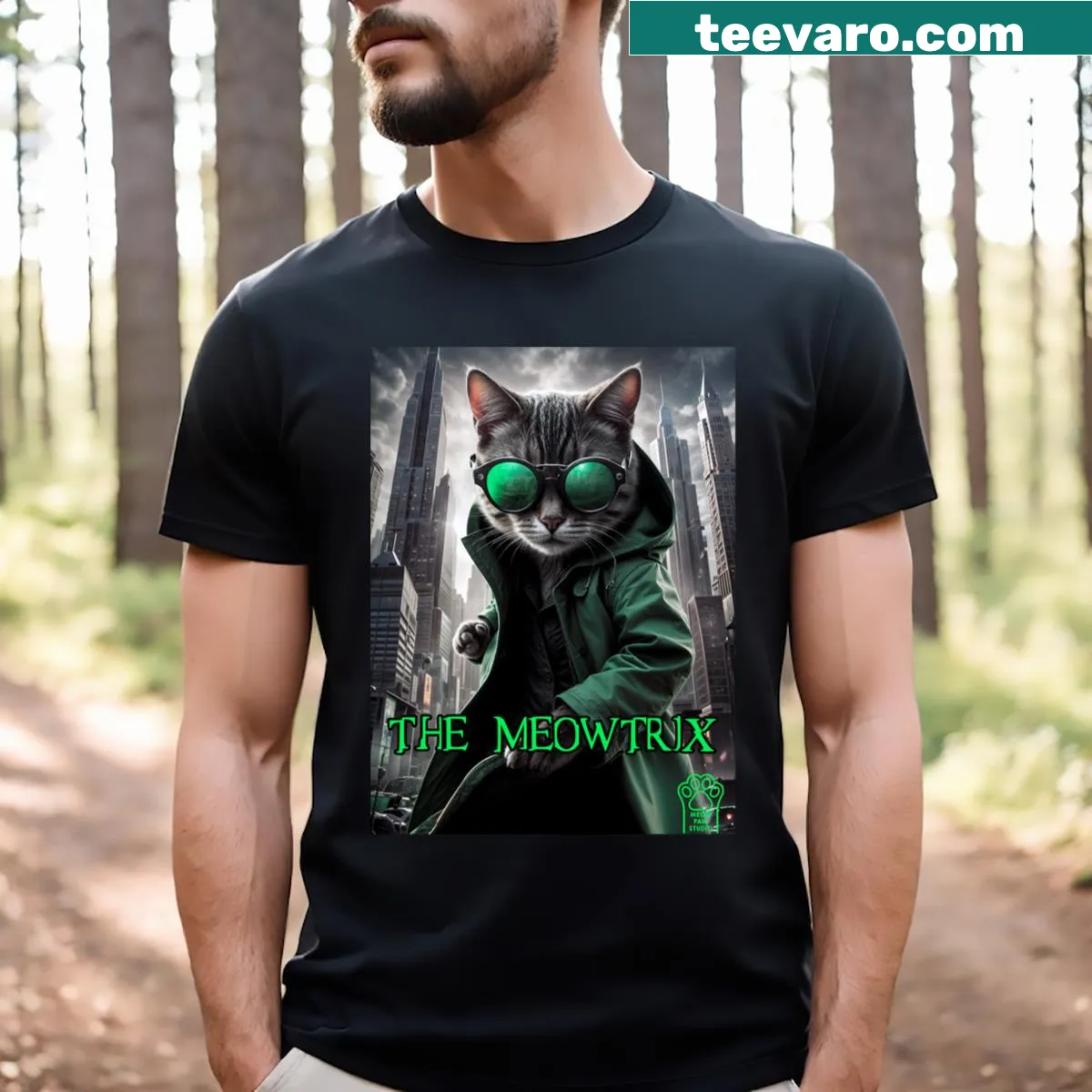 Cat-themed T-shirt with a playful movie poster illustration — on a men's t-shirt