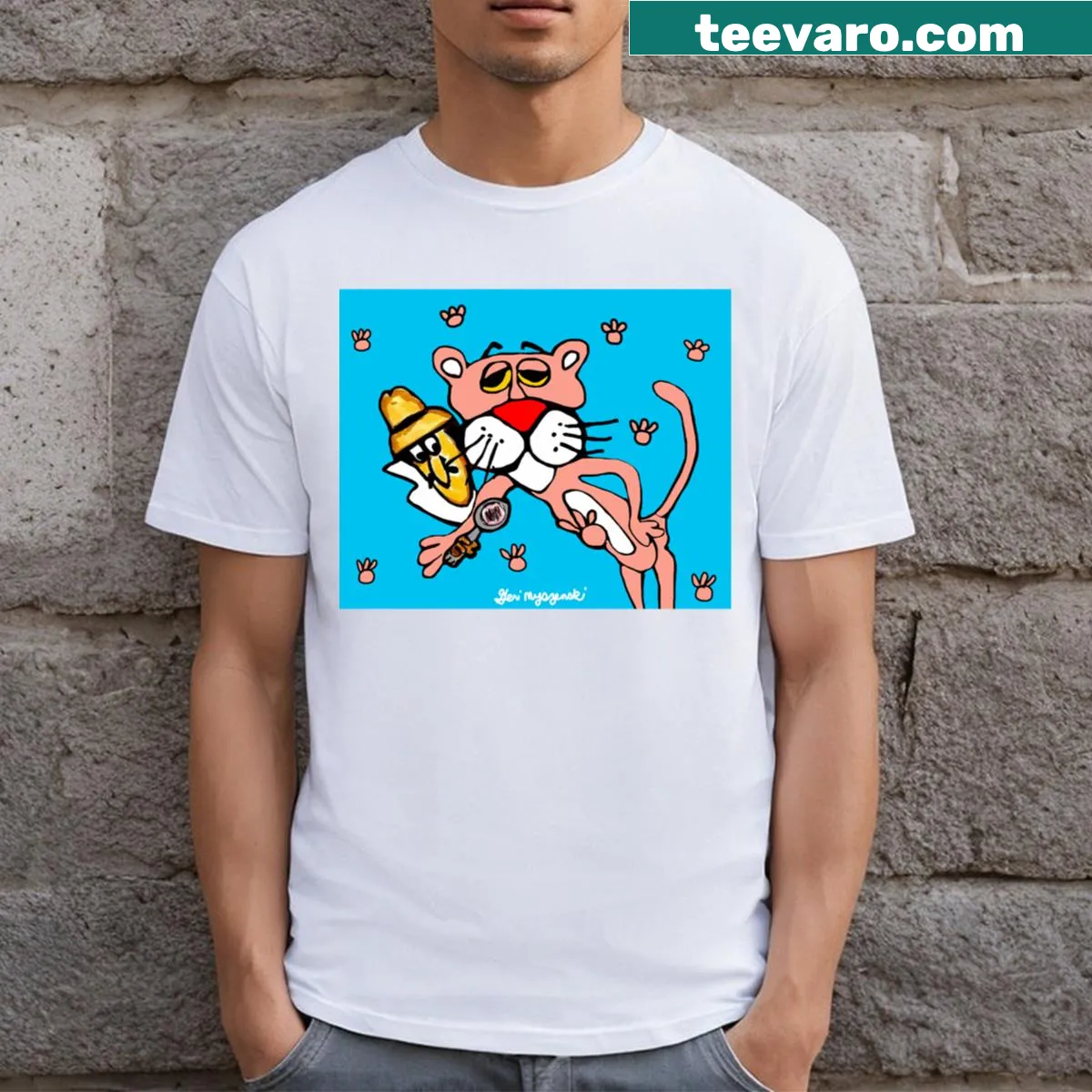 Fun cartoon T-shirt featuring Pink Panther and Little Man characters. — on a men's t-shirt