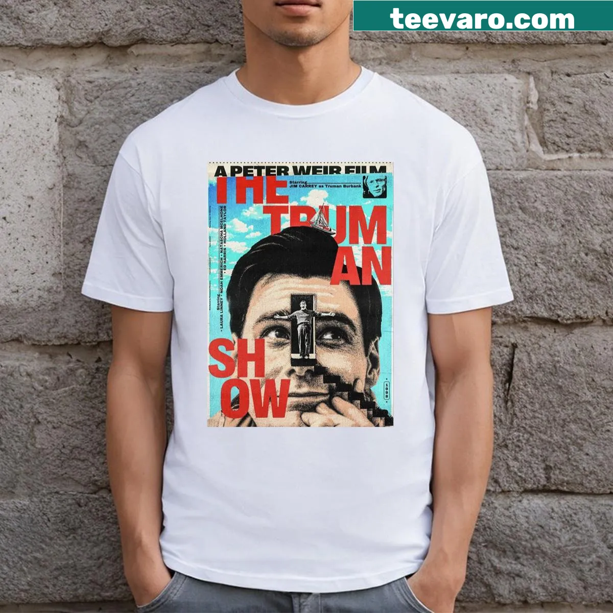 Illustrated T-shirt featuring themes from The Truman Show — on a men's t-shirt