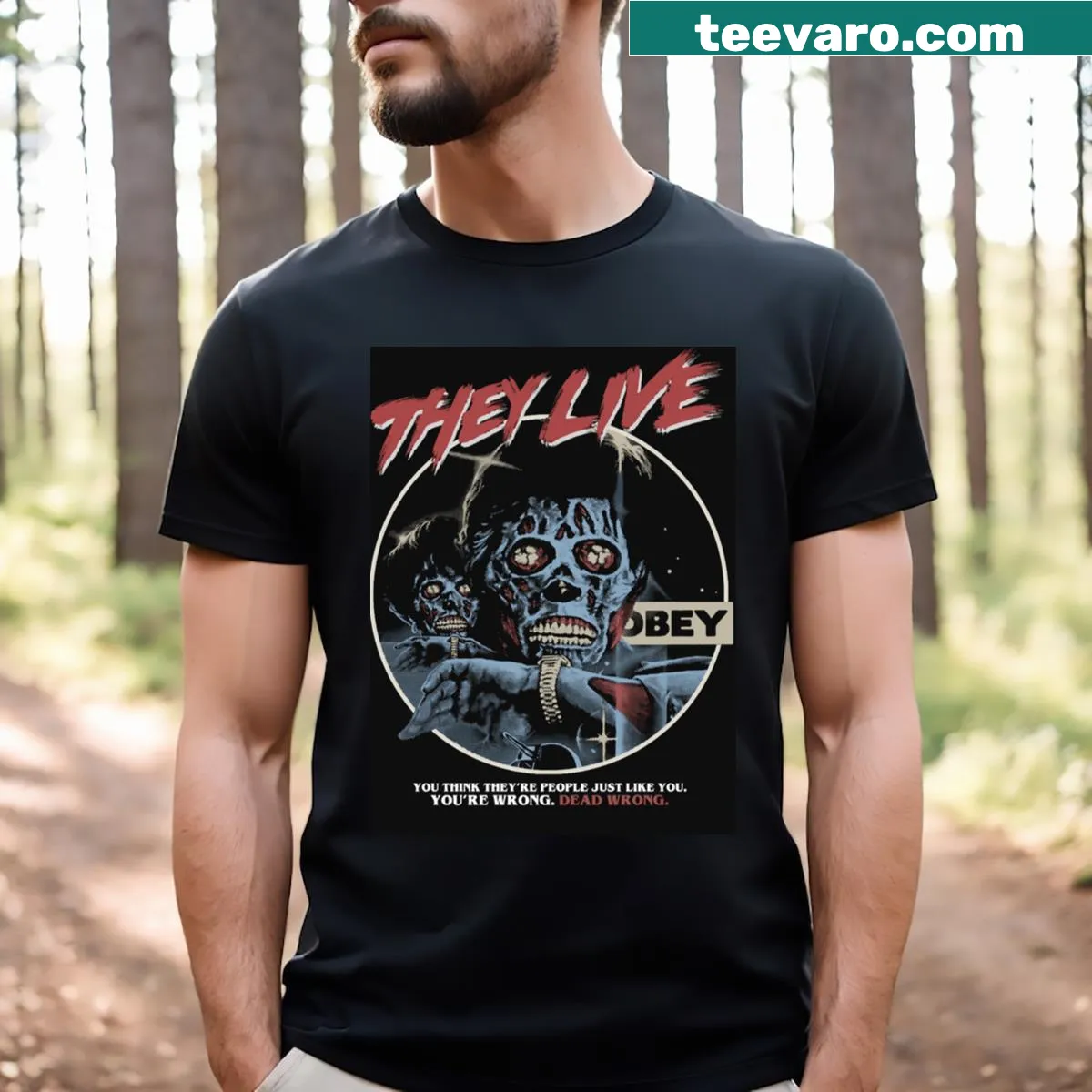 Bold graphic T-shirt inspired by They Live film. — on a men's t-shirt
