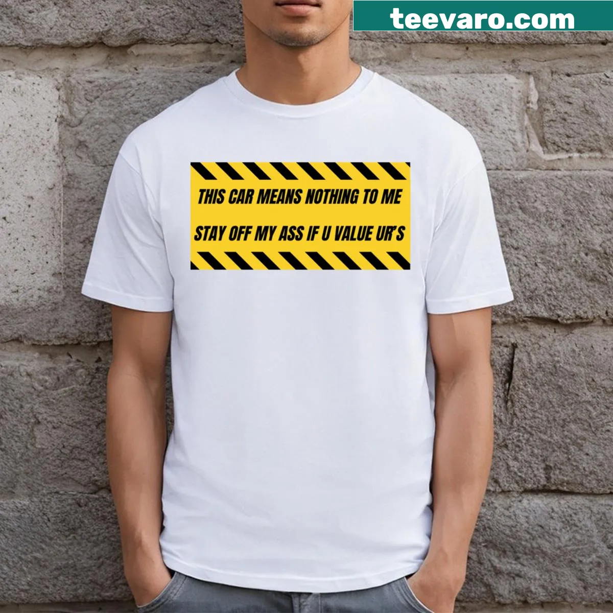 T-shirt with bold text warning tailgaters to stay back. — on a men's t-shirt