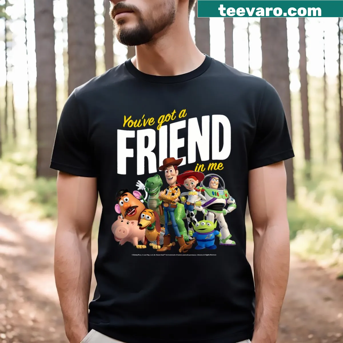 Cartoon T-shirt featuring popular toy characters for kids — on a men's t-shirt