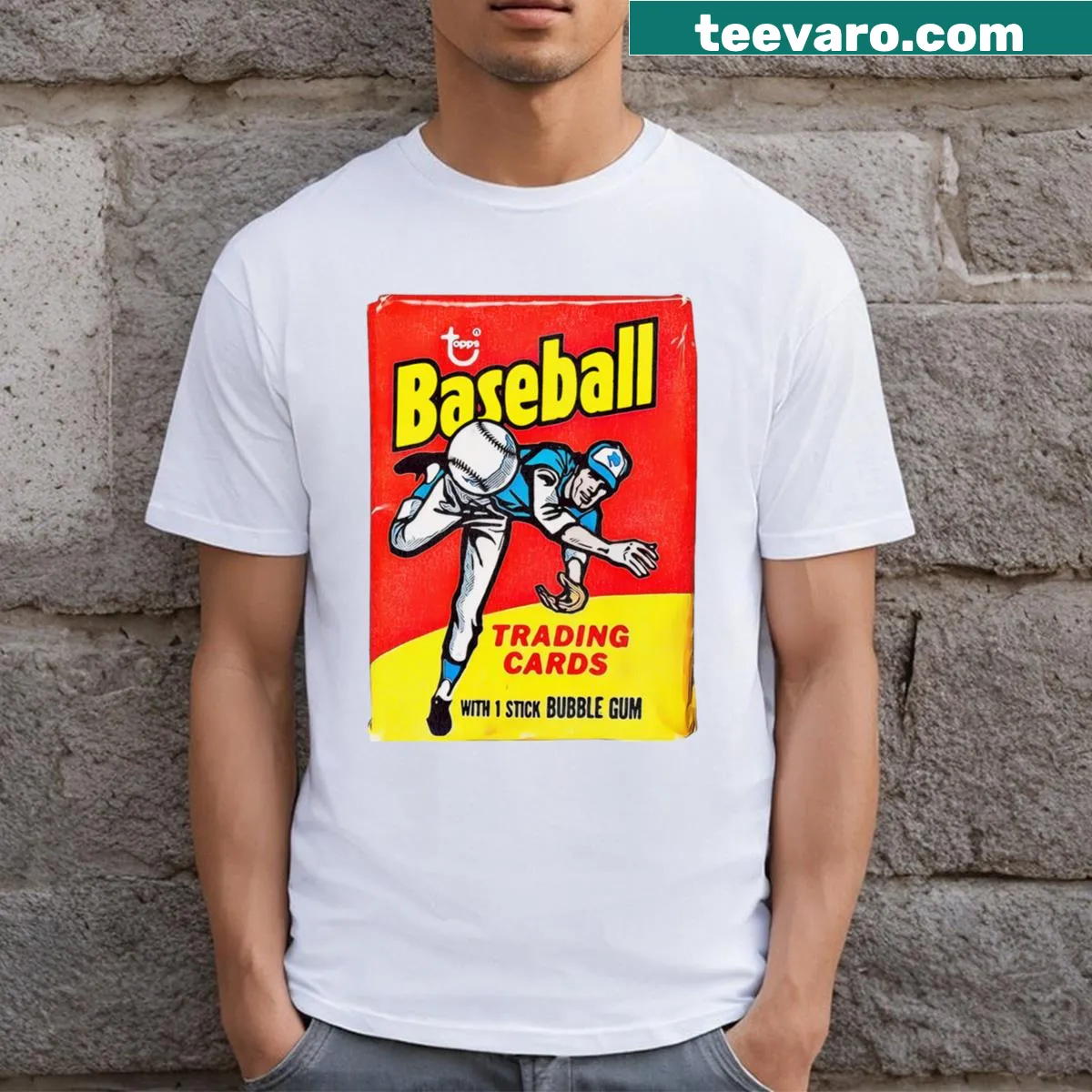 T-shirt featuring a vintage baseball trading cards design for young collectors. — on a men's t-shirt