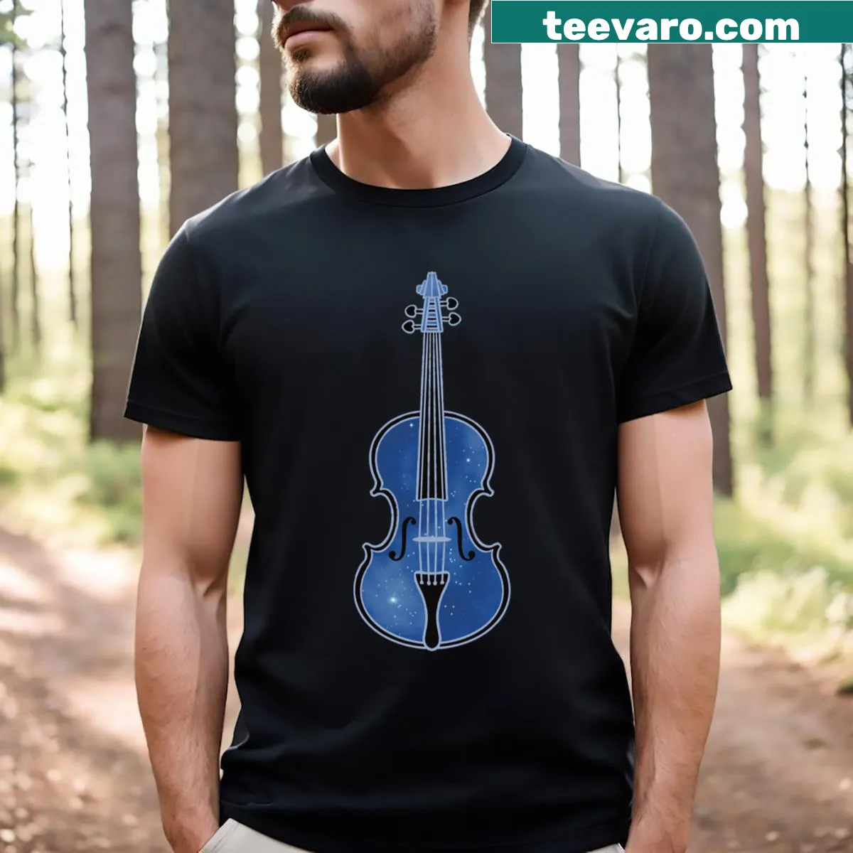 Illustrated violin design on a classic t-shirt — on a men's t-shirt