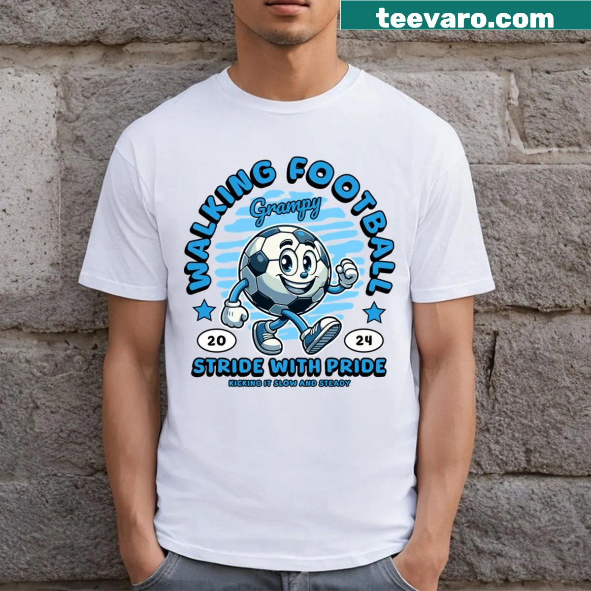 Playful graphic representing walking football on a classic t-shirt — on a men's t-shirt