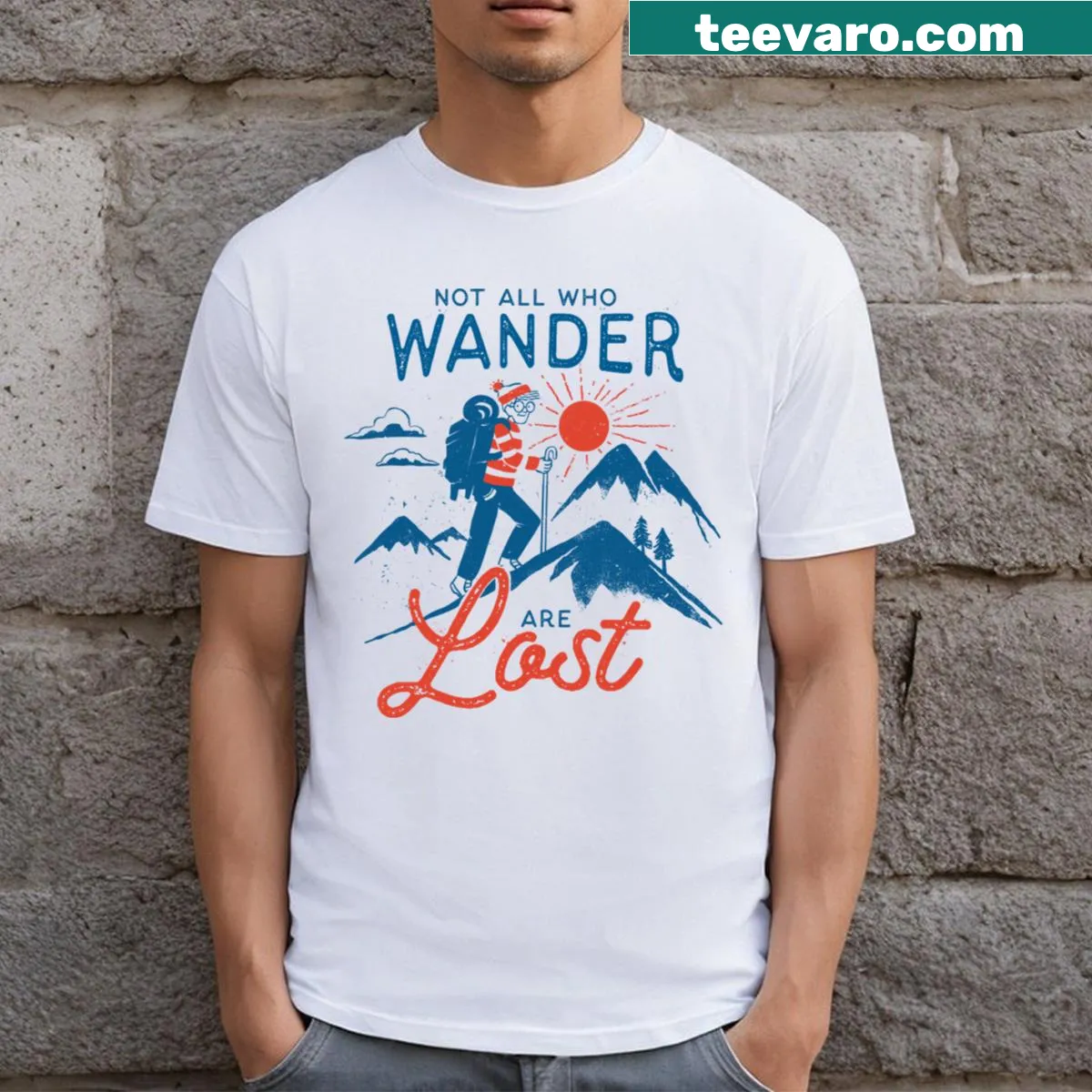 Whimsical typography graphic saying 'Wander Lost' on a classic t-shirt — on a men's t-shirt