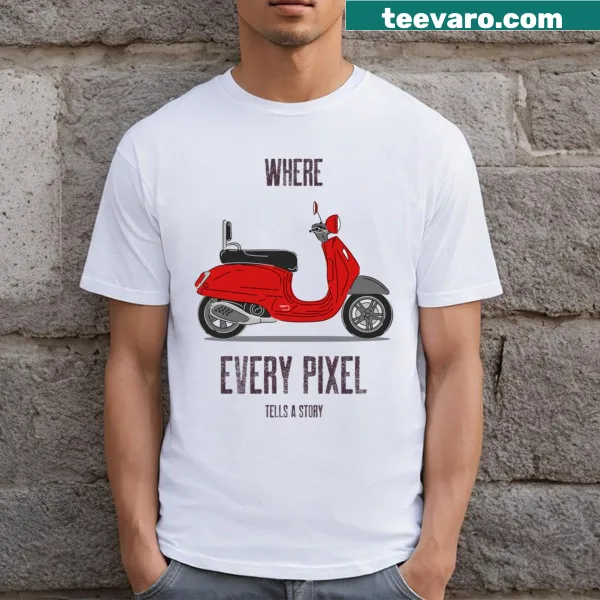 Typography T-shirt featuring the phrase 'Where Every Pixel Tells A Story'.