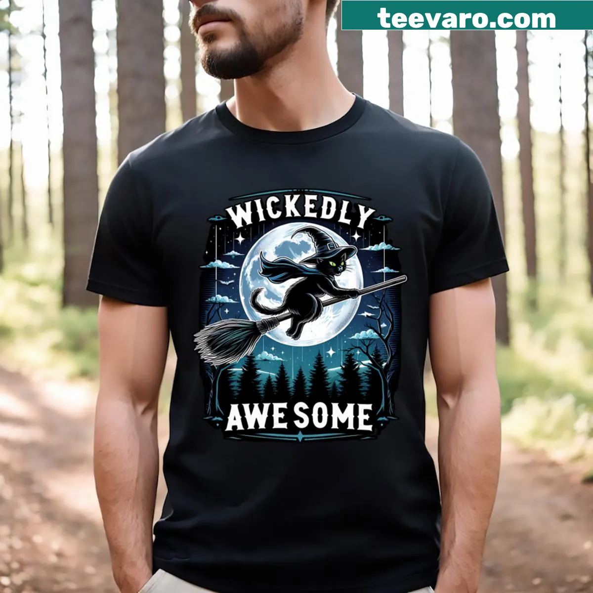 Halloween shirt with funny witch-themed cartoon cats — on a men's t-shirt