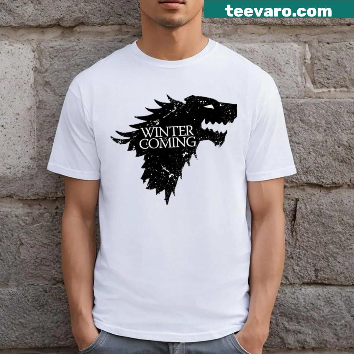 Game of Thrones T-shirt featuring Stark sigil and 'Winter Is Coming'. — on a men's t-shirt