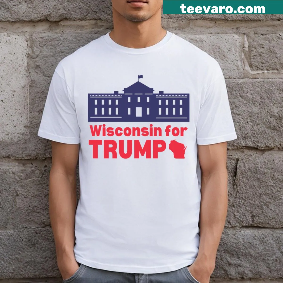 Wisconsin For Trump 2024 t-shirt with bold typography. — on a men's t-shirt