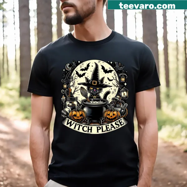Cartoon cats in witch hats with humorous text on a Halloween t-shirt