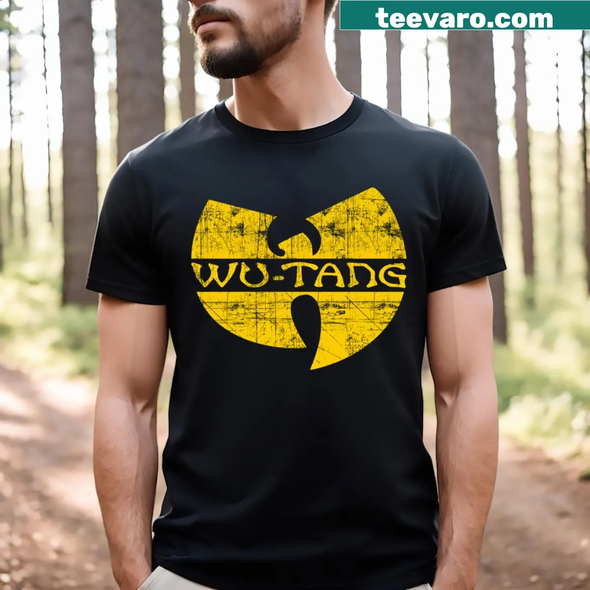 Grunge-style worn out t-shirt featuring the Wu-Tang symbol. — on a men's t-shirt