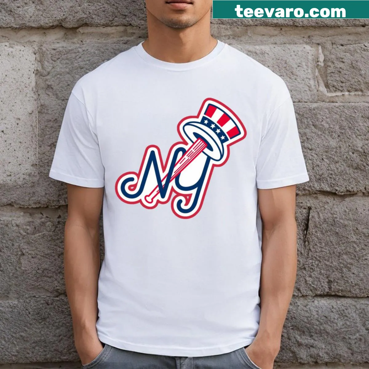 Illustrated Yankees baseball bat and hat t-shirt — on a men's t-shirt