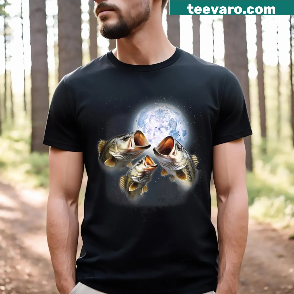 Funny T-shirt with cartoon bass fish jumping under a moon — on a men's t-shirt