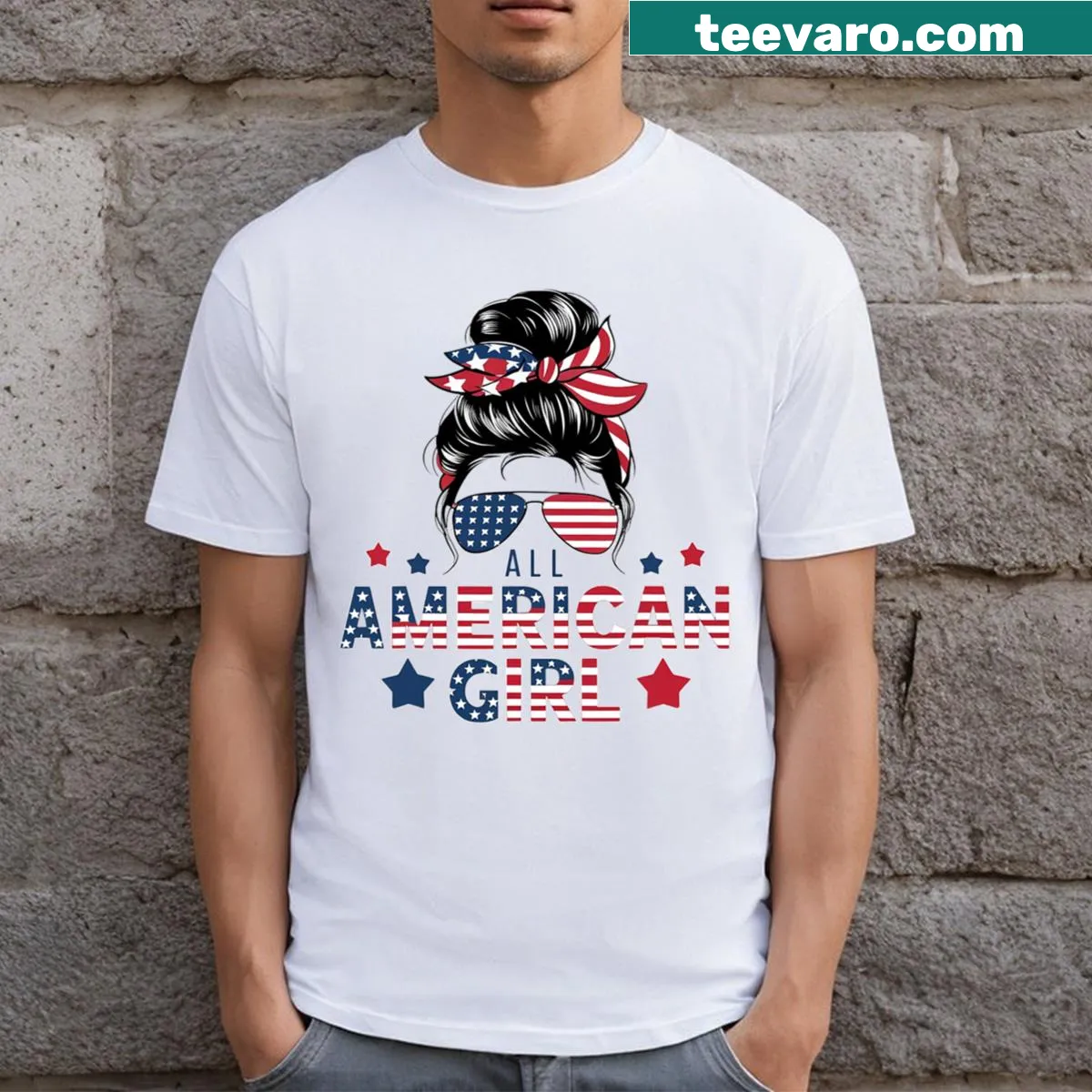 Cute 4th of July shirt with girl and USA flag graphic — on a men's t-shirt