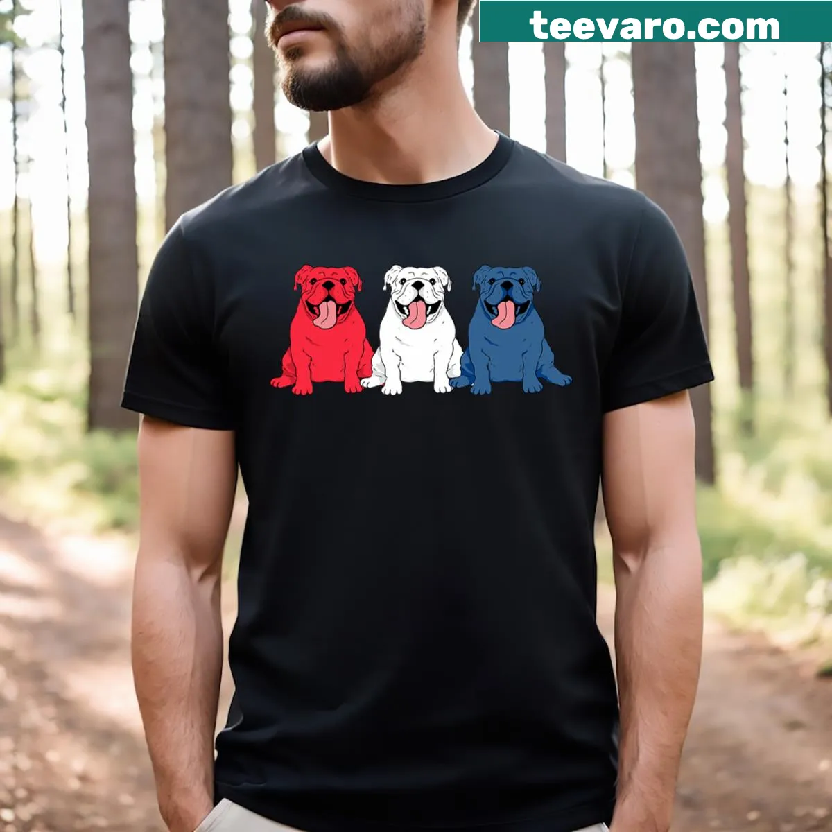 Vintage T-shirt with an English Bulldog and American flag design — on a men's t-shirt