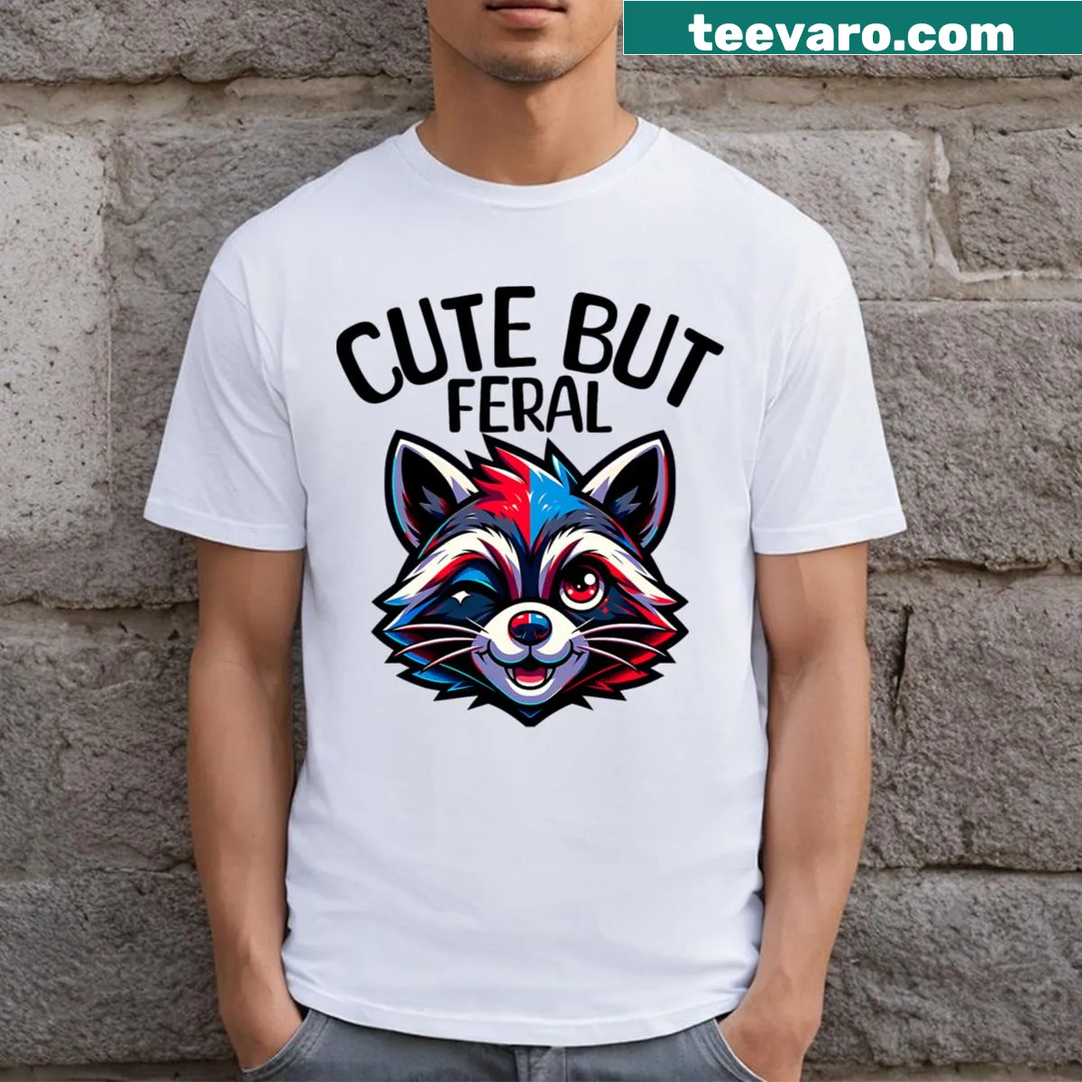 T-shirt featuring a quirky feral raccoon in patriotic design — on a men's t-shirt
