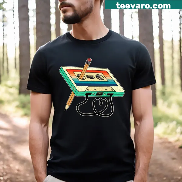 Retro 80s music shirt with cassette tape and pencil illustration