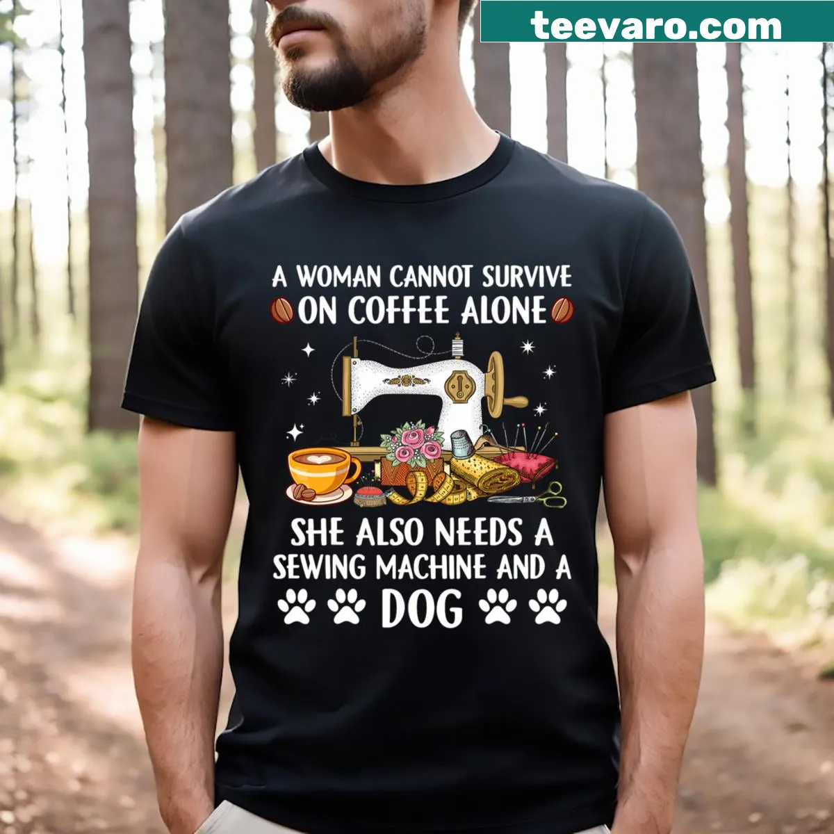 T-shirt with a humorous sewing and coffee design for women. — on a men's t-shirt