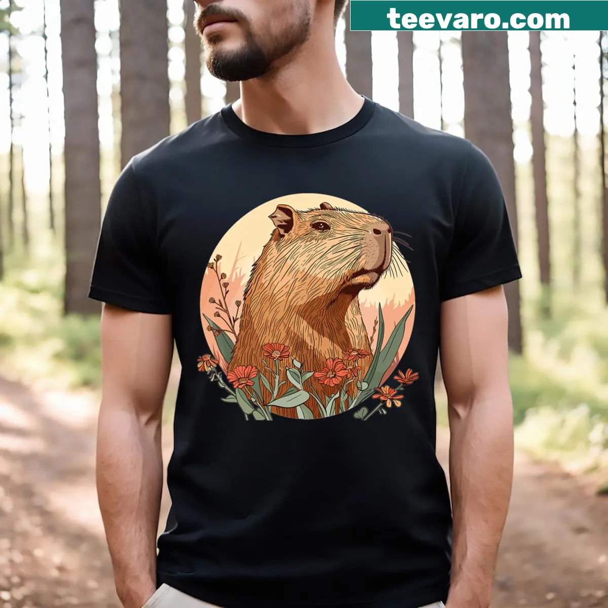 Aesthetic t-shirt featuring a capybara illustration — on a men's t-shirt
