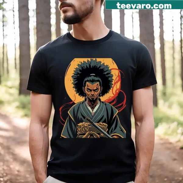 Afro American samurai design on a T-shirt with fierce warrior illustration
