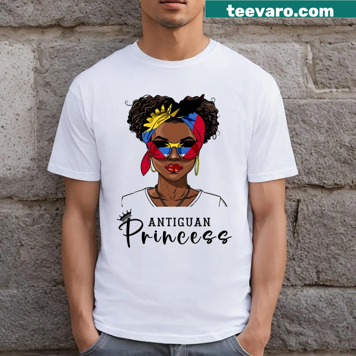 Women's T-shirt featuring the Antigua and Barbuda flag — on a men's t-shirt