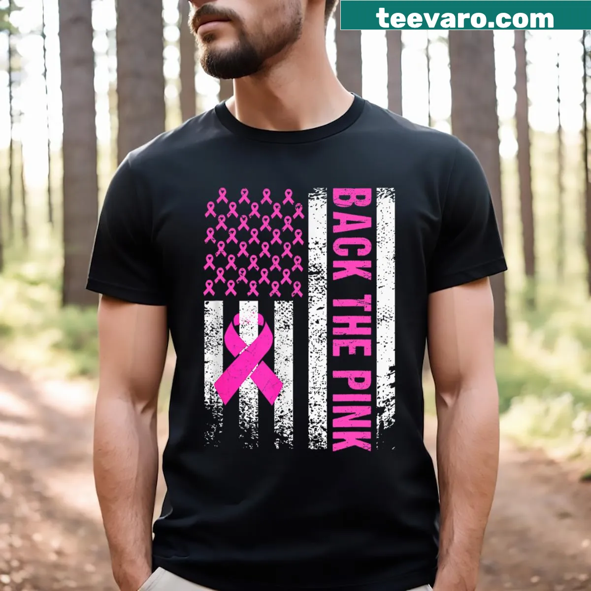 Breast cancer awareness T-shirt with pink ribbon and flag design — on a men's t-shirt