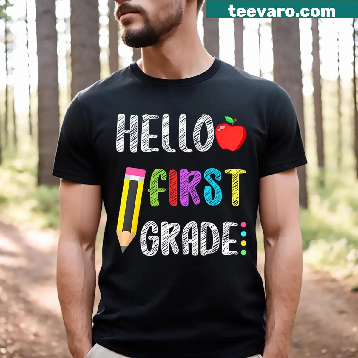 Illustrative T-shirt celebrating first grade with cheerful design — on a men's t-shirt