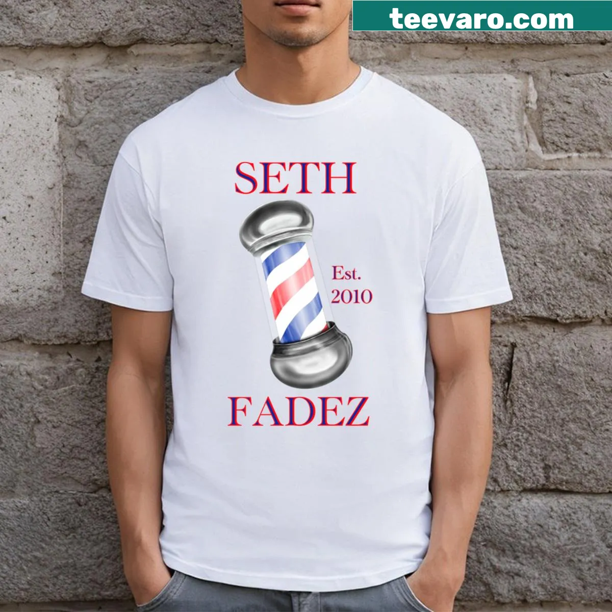 Personalized barber pole graphic T-shirt — on a men's t-shirt