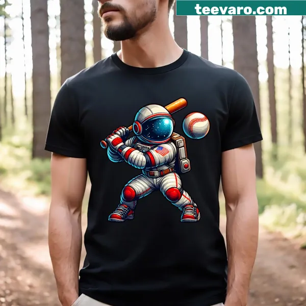 Funny astronaut baseball t-shirt featuring a playful design of an astronaut with a bat.
