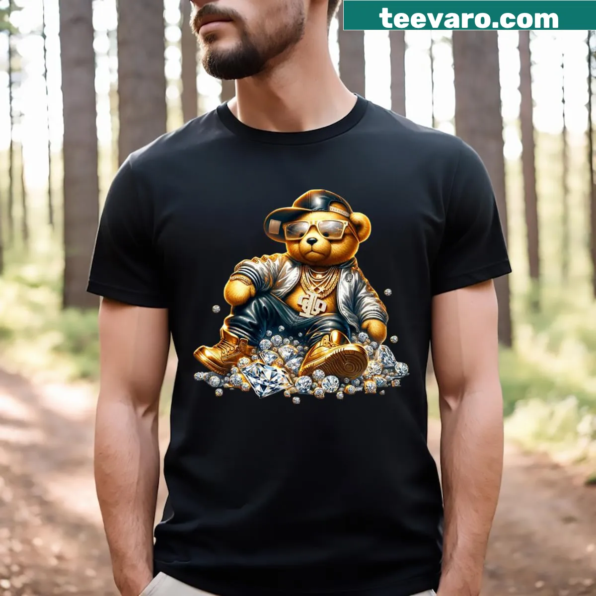 Bear rapper with diamond accessories graphic T-shirt — on a men's t-shirt