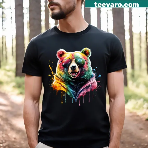 Colorful watercolor bear graphic on T-shirt