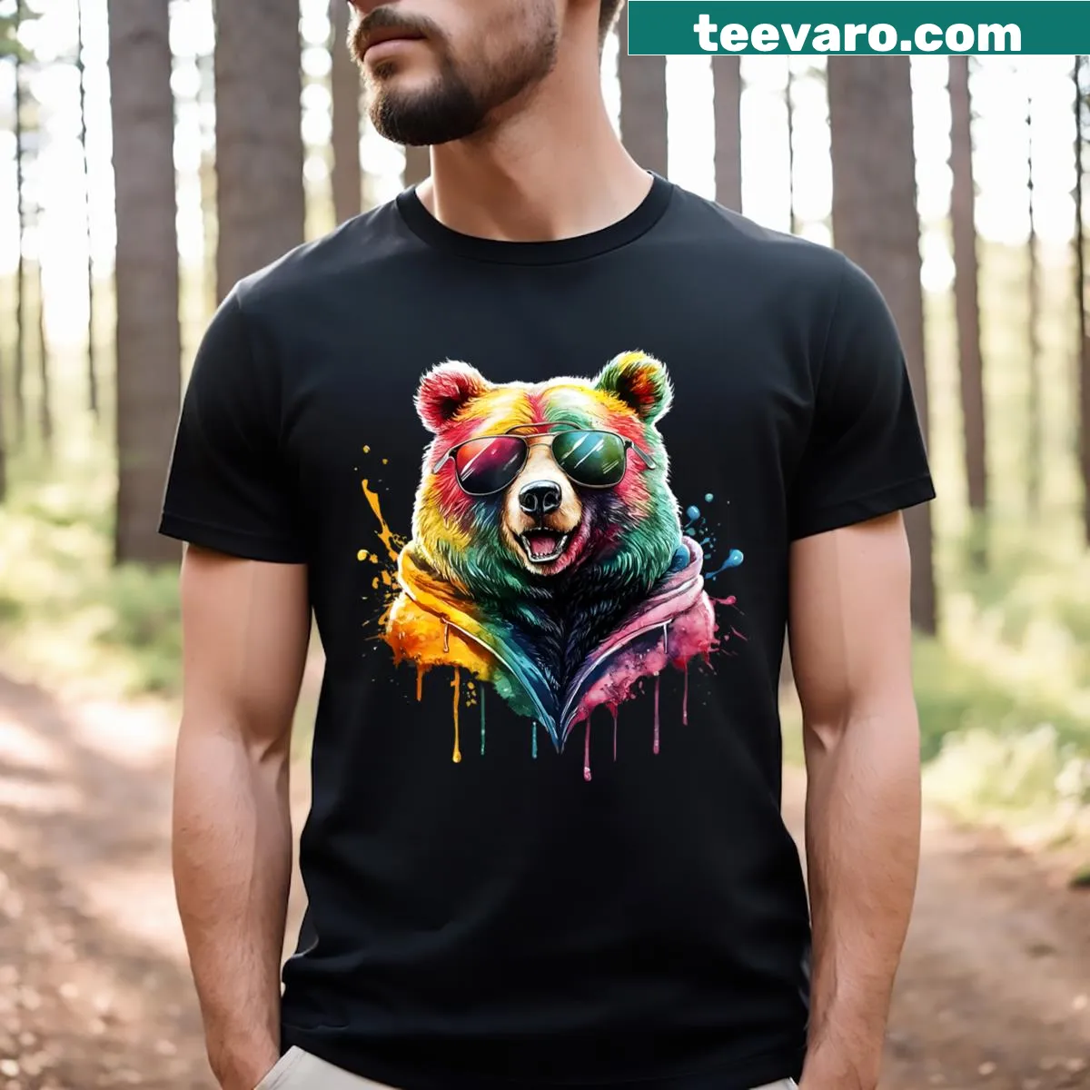 Colorful watercolor bear graphic on T-shirt — on a men's t-shirt