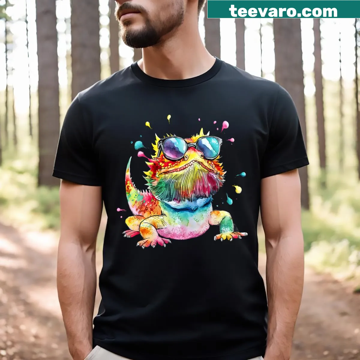 Colorful watercolor design of a bearded dragon on T-shirt — on a men's t-shirt