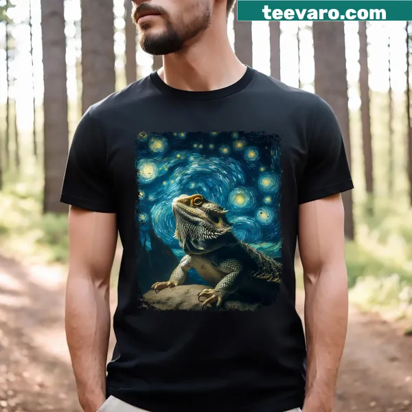 Fantasy T-shirt featuring a bearded dragon in starry night design