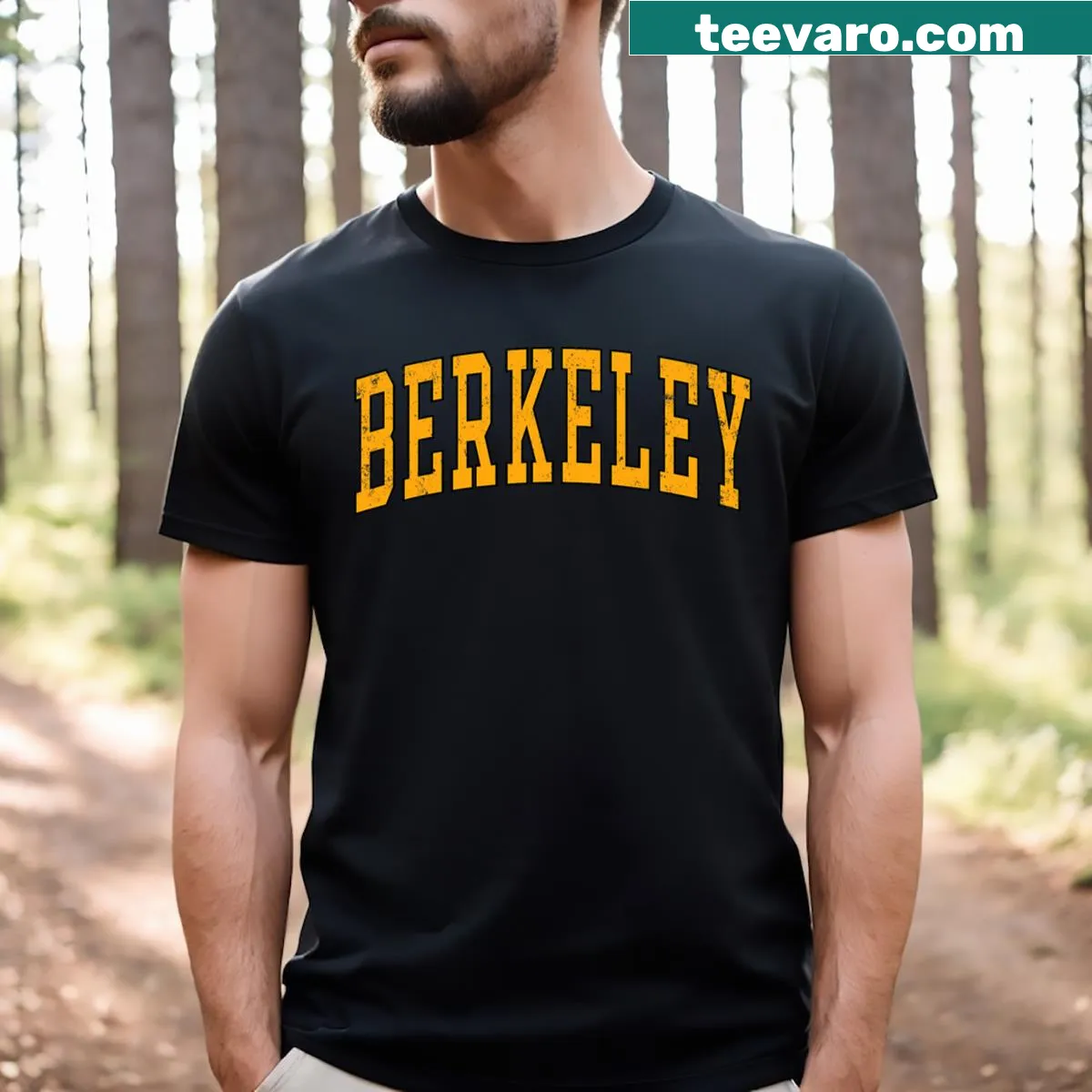 Berkeley T-shirt featuring arched text design in bold font. — on a men's t-shirt