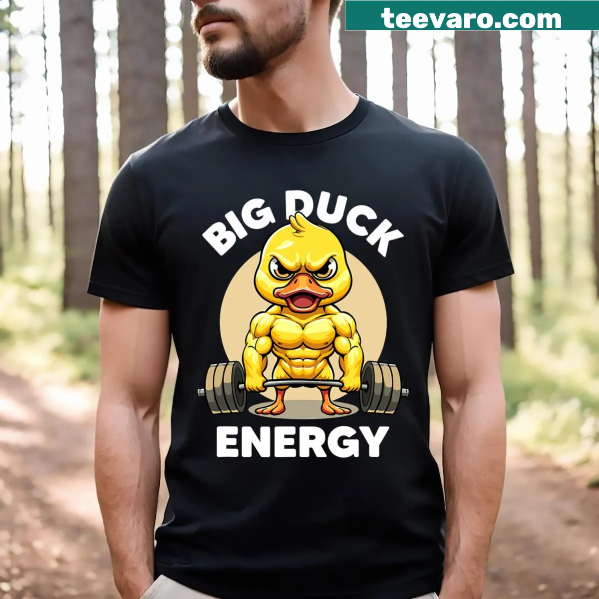 Funny gym t-shirt with duck graphic and 'Big Duck Energy' text — on a men's t-shirt