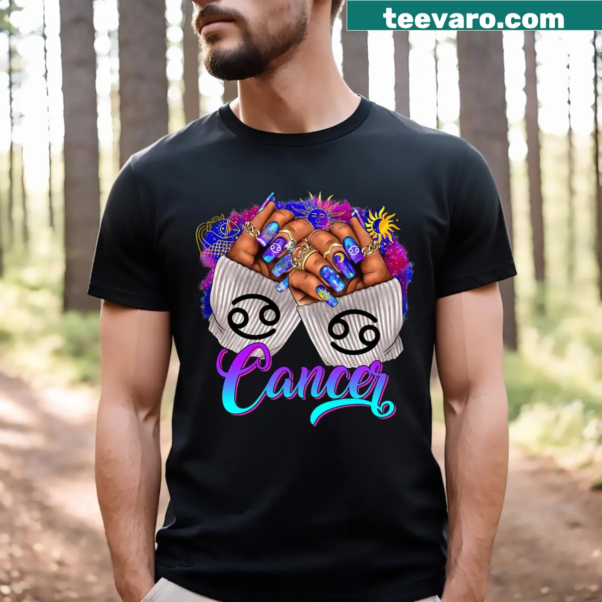 Illustrated Cancer zodiac symbol t-shirt for women — on a men's t-shirt